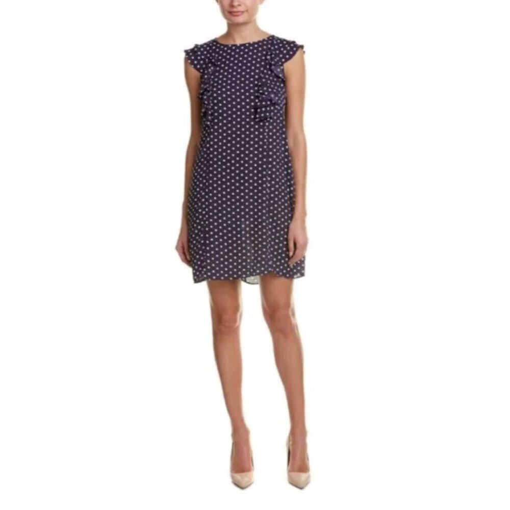 Donna Morgan Dress 12 Blue Ivory Polka Dot Pocket Ruffle Short Sleeve Washable